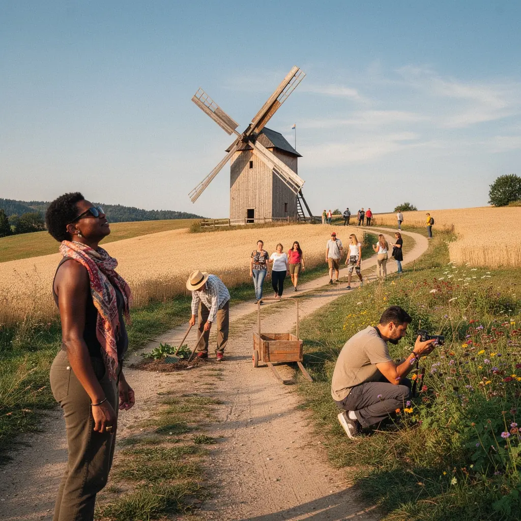 A vibrant display of cultural artifacts representing Slovak folk heritage, including handmade textiles and pottery.
